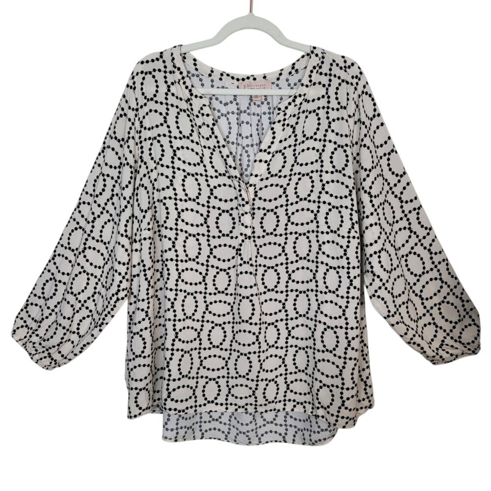 Philosophy Woman Split Neck Blouse Ivory Black Dotted Circles Print Plus Size 3X